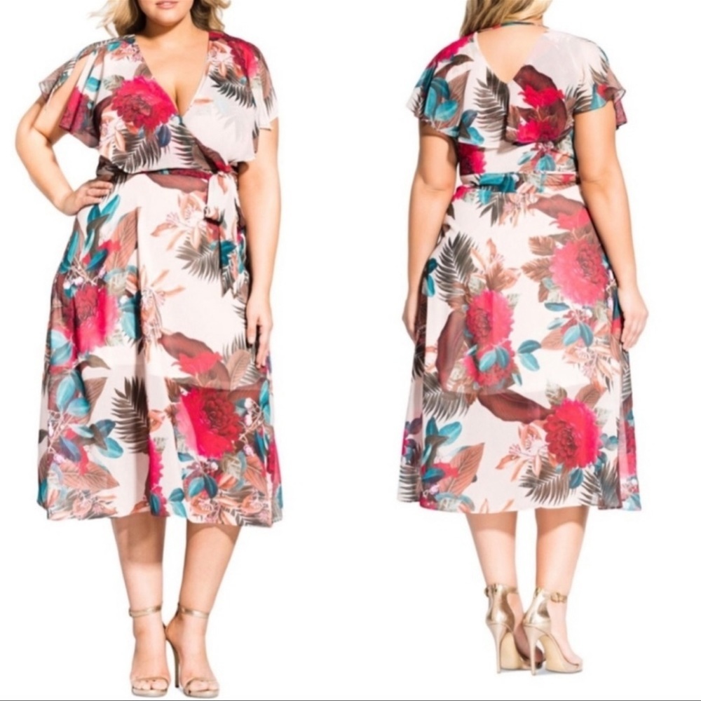 City Chic Pink Flutter Sleeve Midi Dress for Weddings